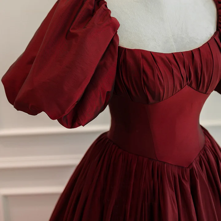 Burgundy Short Sleeves Floor Length Long Evening Dresses Y1031