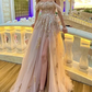Elegant Champagne tulle corset prom dresses off the shoulder with sequin lace embroidery Y84