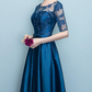 Blue Short Sleeves Tea Length Prom Dress, Blue Bridesmaid Dresses, Wedding Party Dresses Y1323