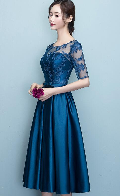 Blue Short Sleeves Tea Length Prom Dress, Blue Bridesmaid Dresses, Wedding Party Dresses Y1323
