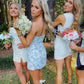 Brocade Blue Strapless Short Homecoming Dress,Summer Outfit Dress  Y1517