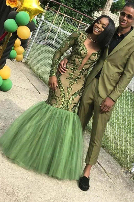 Green Sequins Prom Dresses,Sexy Mermaid Long-Sleeves Evening Gowns Y1456