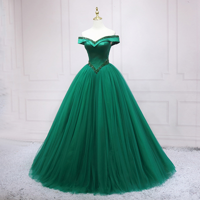 Green Off The Shoulder Satin Long Prom Dress s01