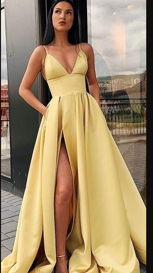 Different Colors A-line Satin Sleeveless Spaghetti Straps Slit Prom Dress  S7862