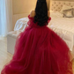 Burgundy Tulle Evening Dress With Long Sleeves Y503