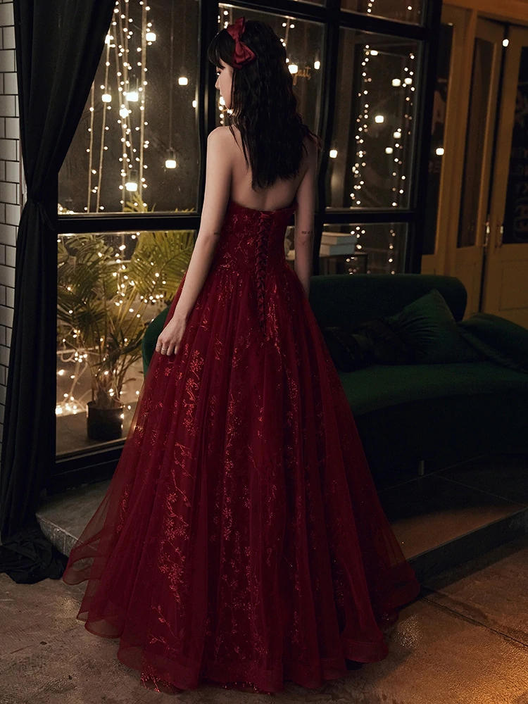 Wine Red Floral Lace and Tulle Long Evening Gown Party Dress, Burgundy Formal Dresses Y1661