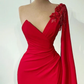 Red One-shoulder Sleeveless Mermaid Satin Floor-Length Prom Dresses With Ruffles Y155