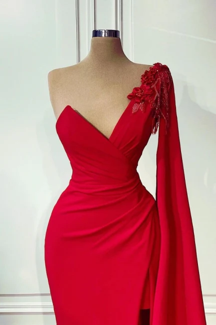 Red One-shoulder Sleeveless Mermaid Satin Floor-Length Prom Dresses With Ruffles Y155