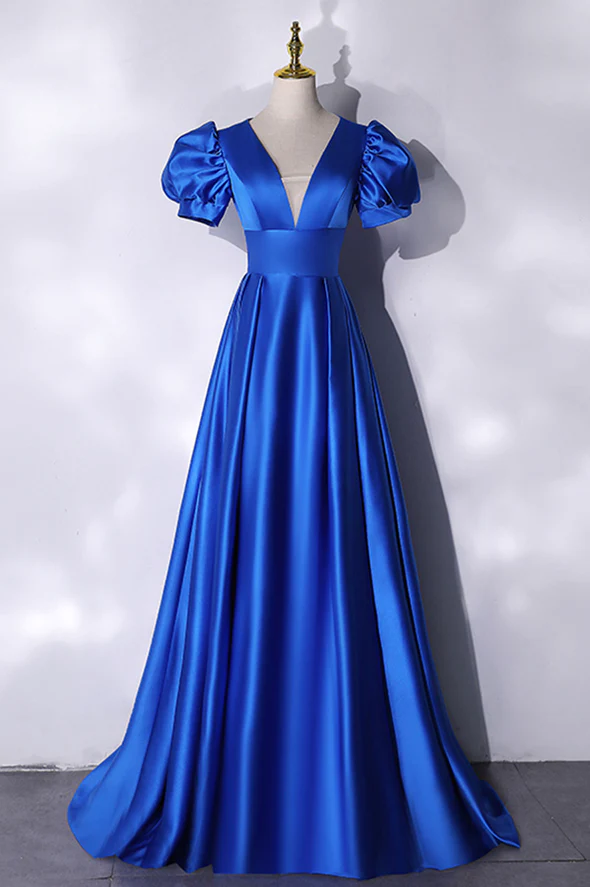Blue satin long prom dress simple evening dress Y241