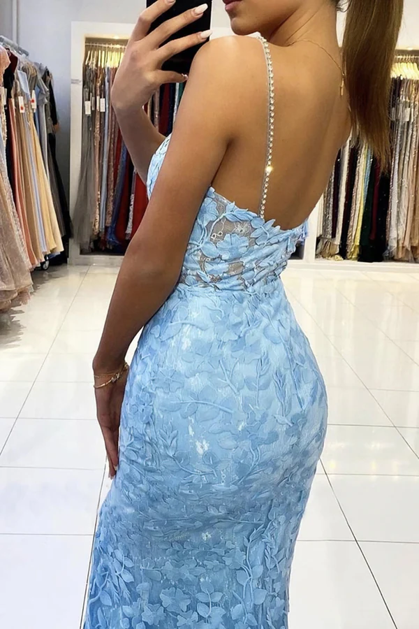 Mermaid V Neck Backless Blue Lace Long Prom Dress, Mermaid Blue Lace Formal Dress, Blue Lace Evening Dress Y1465