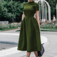 Olive Green A-line Satin Tea-length Prom Dress Vintage Party Dress Y691