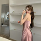 Elegant Spaghetti Strap Silk Side Slit Midi Semi Formal Dress,Sexy Slim Evening Dress For Women Y1197