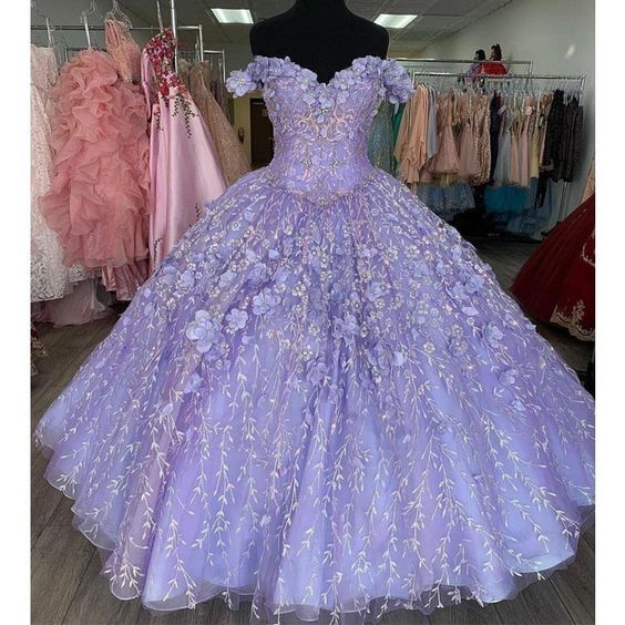 Romantic Lavender 3D Floral Flowers Quinceanera Dresses Off Shoulder Ball Gown Sweet 16 Dress  Y1152