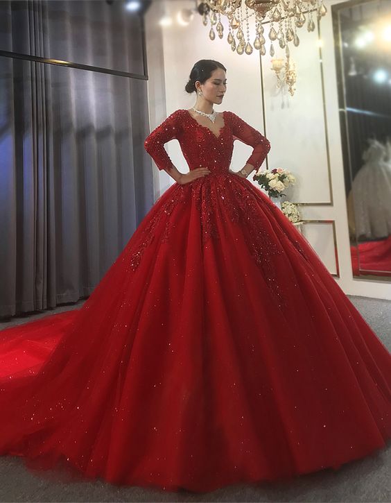 Red Tulle V-neck Long Sleeve Appliques Beading Wedding Dress Ball Gown Y53