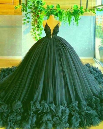 Spaghetti Straps Green Tulle Ball Gown A-line V Neck Sweet 16 Dress Y46
