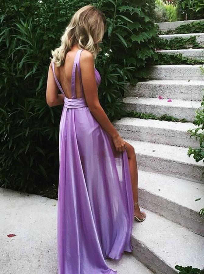 Sexy Deep V Neck Silk Satin Prom Dress A Line Backless Pleated Evening Dress Y1503