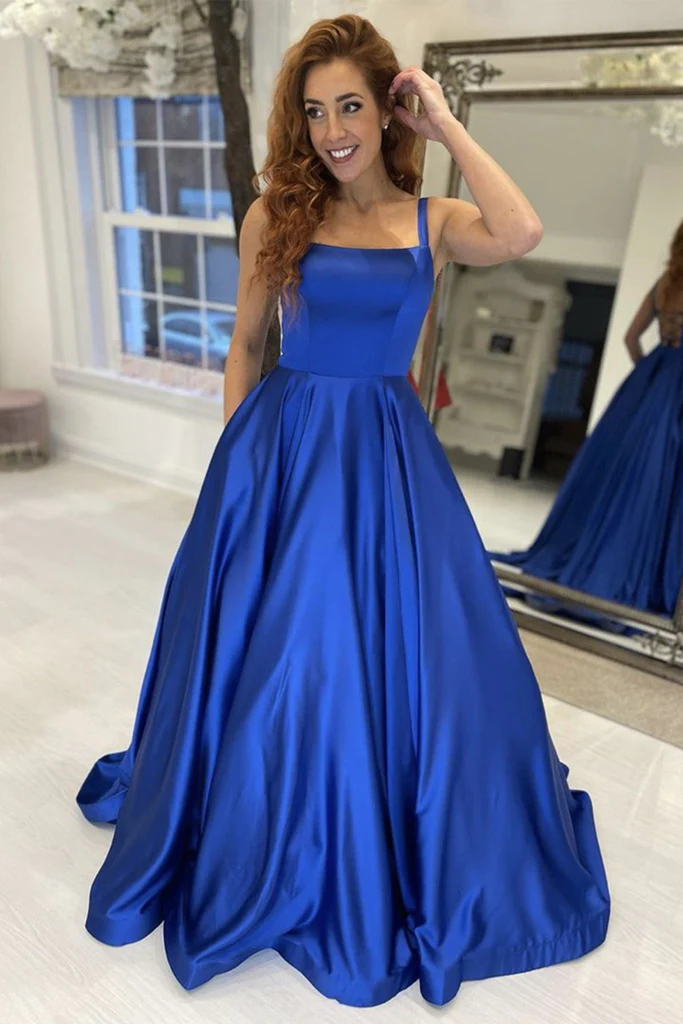 Simple A Line Royal Blue Satin Long Prom Dress, Long Blue Formal Graduation Evening Dress Y225