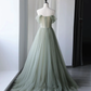 Gray Green Tulle Off Shoulder Long Prom Dress, Gray Green Formal Graduation Dresses Y1292