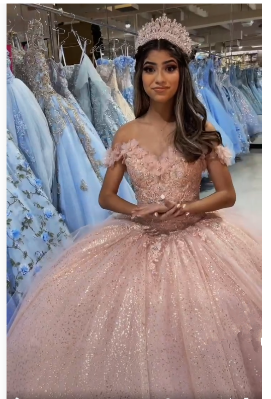 Beautiful Off The Shoulder Blush Pink Quinceanera Dress Glitter Blush Pink Ball Gown Y391