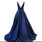 Women's Long Evening Dress Navy Blue V-Neck Sleeveless Open Back Beaded Formal Evening Dress Y1193