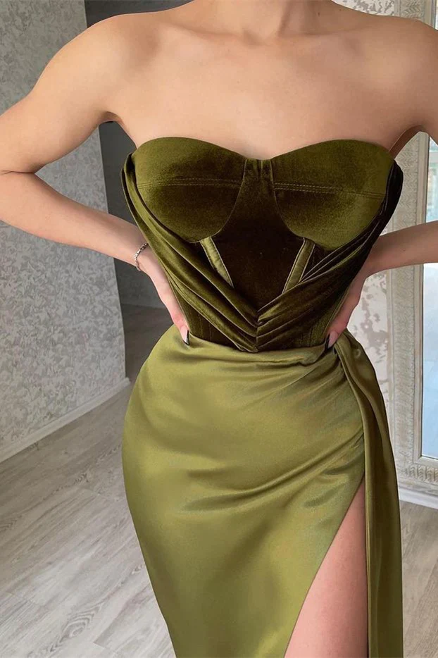 Elegant Olive Green Strapless Mermaid Velvet Bustier Prom Dresses Modest Evening Dress  Y377