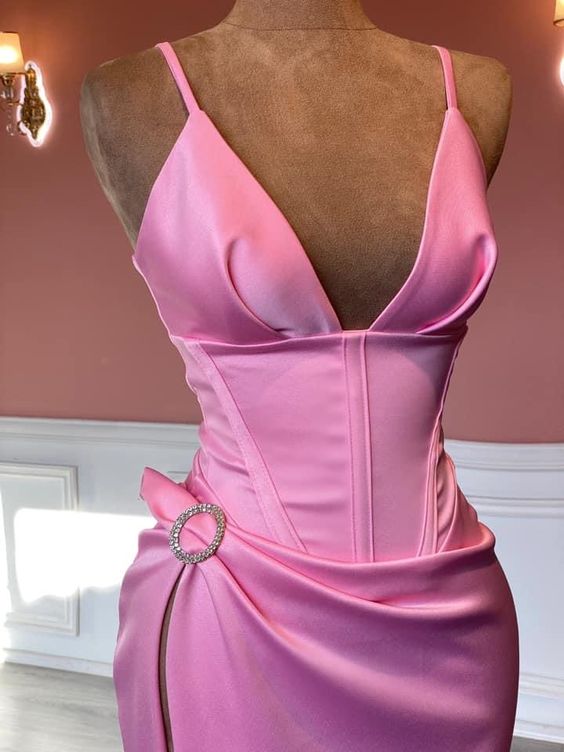 Elegant Pink Sleeveless Spaghetti Straps Evening Dress,Pink Pageant Dress Y817