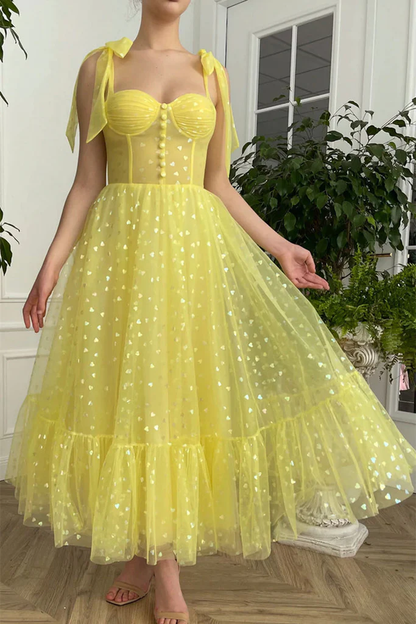 Elegant Yellow Tulle Tea Length Prom Dress, Sweetheart Neck Yellow Formal Graduation Dress Y208