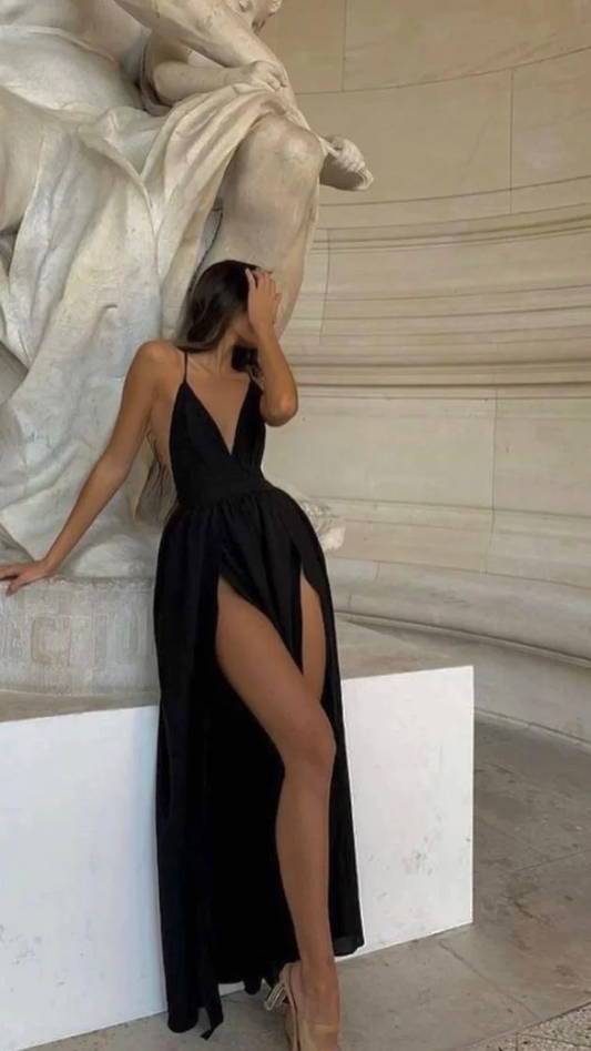 Spaghetti Straps Black Prom Dress V Neck Sexy Evening Dress High Split Party Dress Y1668