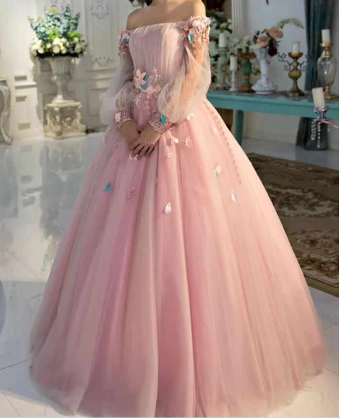 Long Sleeve Prom Dresses, Pearl Pink Ball Gown Long Floral Fairy Prom Dress S24387