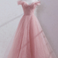 Pink Off Shoulder Tulle Tea Length Prom Dress, Tulle Formal Dress Y1281