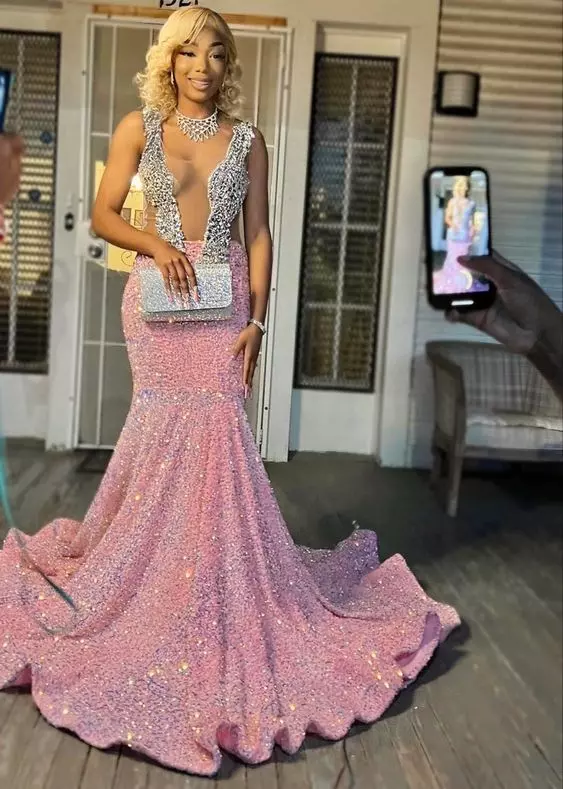 Sparkling pink prom dresses, Sexy sequins mermaid pink prom pageant evening dress Y477
