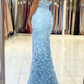 Mermaid V Neck Backless Blue Lace Long Prom Dress, Mermaid Blue Lace Formal Dress, Blue Lace Evening Dress Y1465