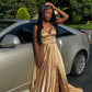 A Line V Neck Gold Sleeveless Satin Long Prom Dress,Formal Gown Y760