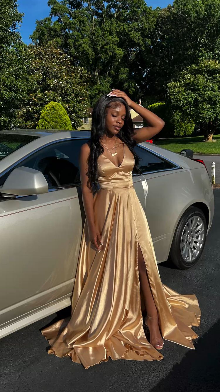 A Line V Neck Gold Sleeveless Satin Long Prom Dress,Formal Gown Y760
