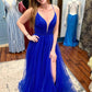 Royal Blue Tulle A-line V-neck Prom Dresses with Slit, Long Formal Dresses Y374
