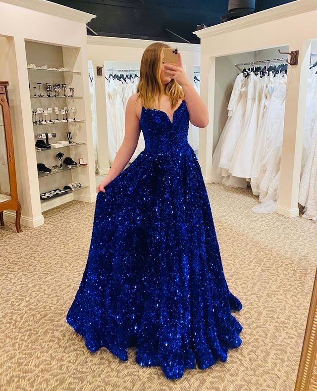 Sparkly V Neck Royal Blue Sequins Long Prom Dress Y356