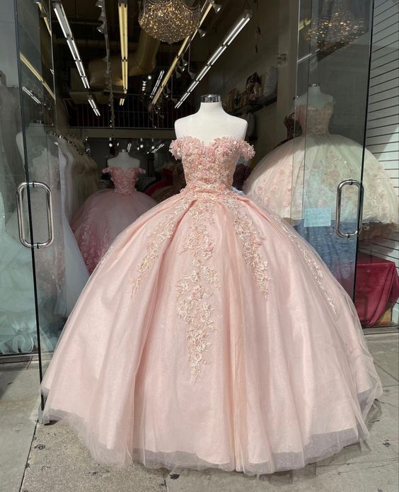 Off The Shoulder Pink Quinceanera Dresses Lace Applique Sweet 16 Dress Ball Gown Y395