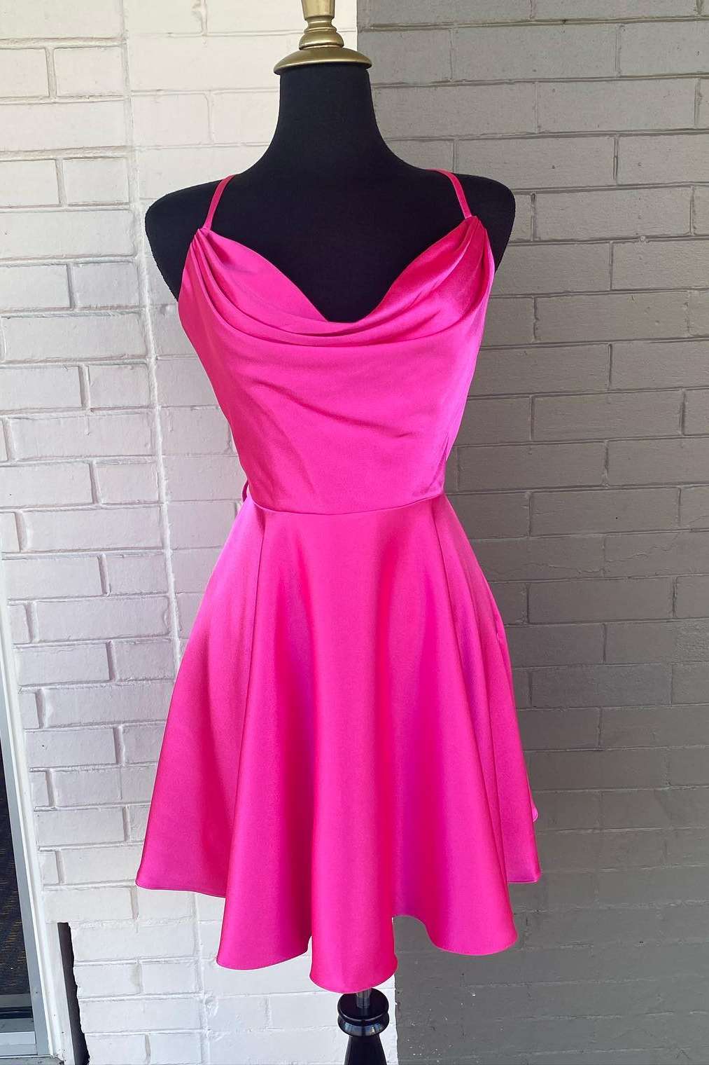 Neon Pink Cowl Neck A-Line Homecoming Dress Y286