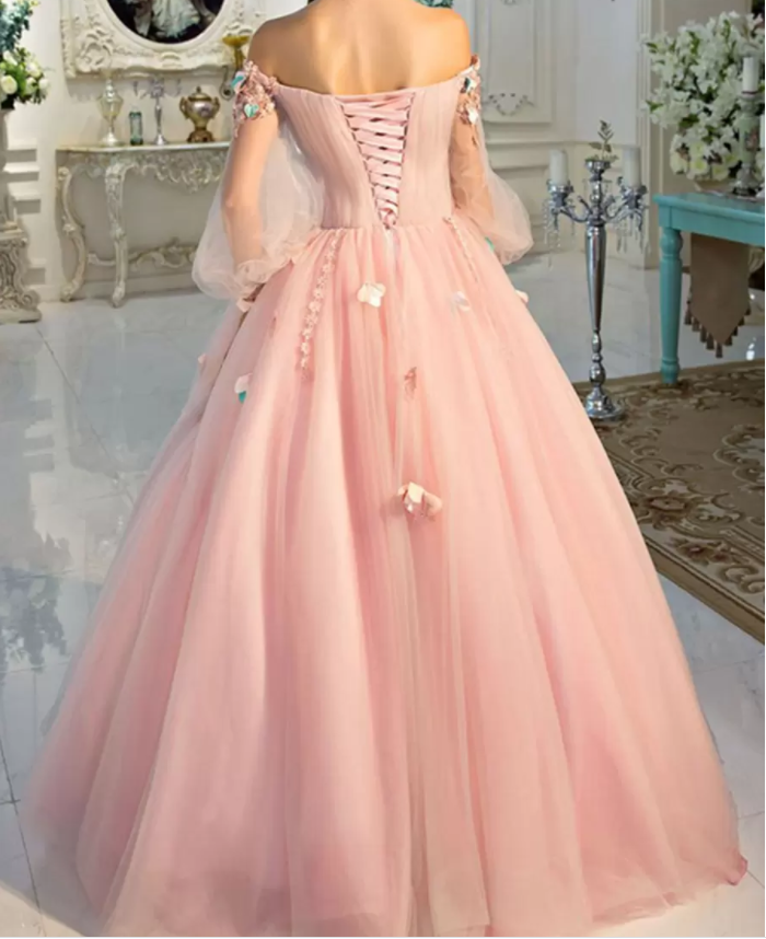 Long Sleeve Prom Dresses, Pearl Pink Ball Gown Long Floral Fairy Prom Dress S24387