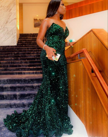 Sparkly Sequin Green Long Mermaid Evening Dresses Black Women Y558