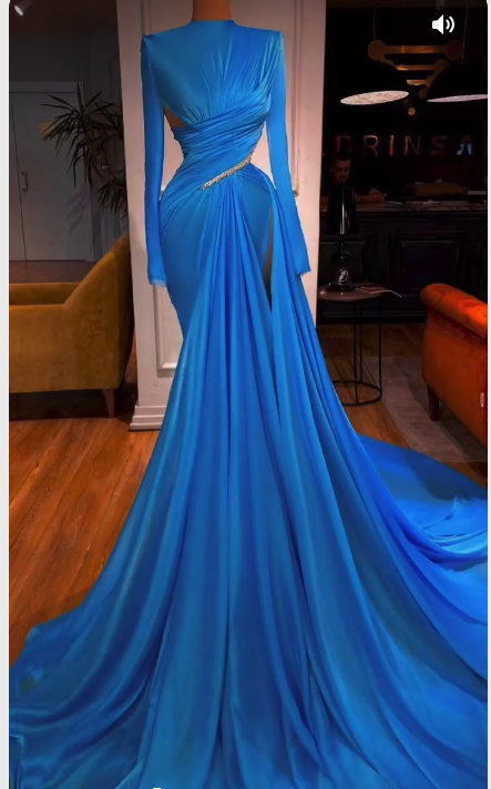 Blue Mermaid Long Sleeves Evening Dress Pageant Dress Y845