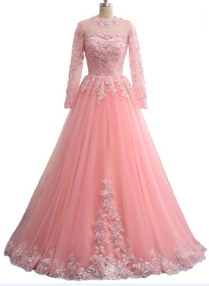 Lavender Tulle Long Sleeve Beaded Formal Prom Dress With Lace Applique Y890