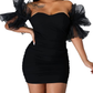 Women Sexy Puff Sleeve Ruffles Dress Mesh Off Shoulder Mini Party Dress,Short Black Homecoming Dress Y786