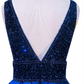 Women's Long Evening Dress Navy Blue V-Neck Sleeveless Open Back Beaded Formal Evening Dress Y1193