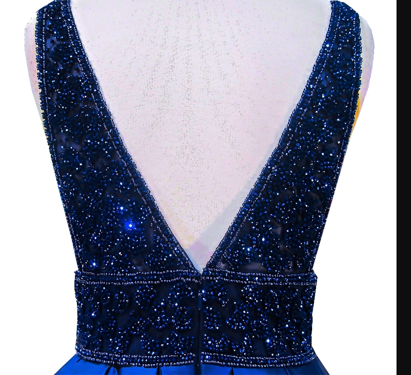 Women's Long Evening Dress Navy Blue V-Neck Sleeveless Open Back Beaded Formal Evening Dress Y1193