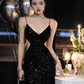 Black Sequins Sparkling Evening Dress,Sexy Backless Evening Gown Y1124