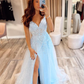 Blue tulle lace long prom dress A line evening dress Y244