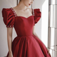 Burgundy satin long prom dress A line evening dress Y1169