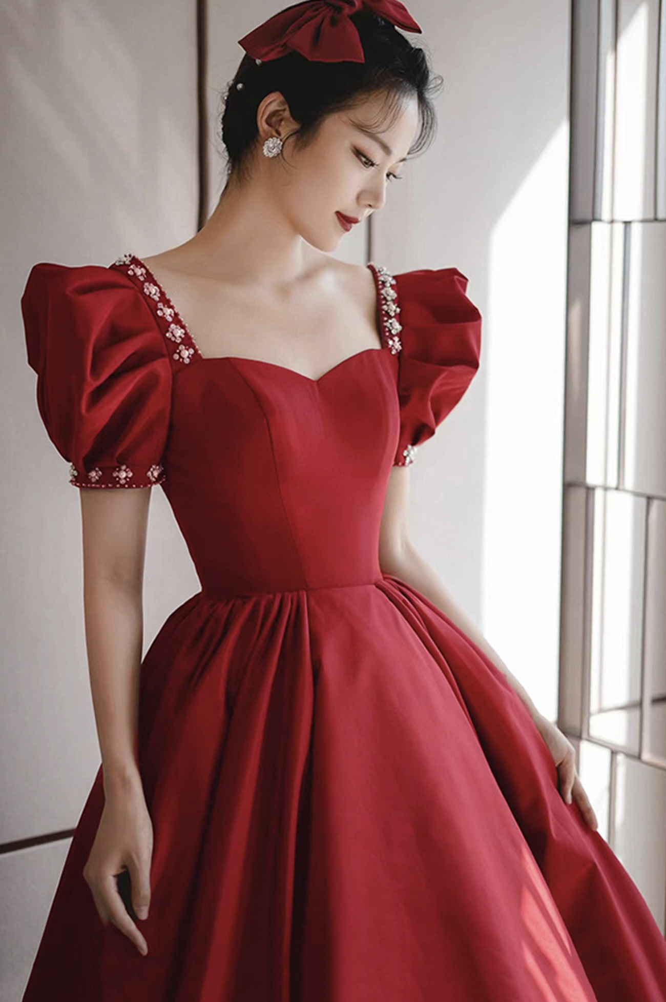 Burgundy satin long prom dress A line evening dress Y1169