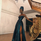 A-Line Split Long Prom Dresses Dark Green Satin Formal Dress Y187